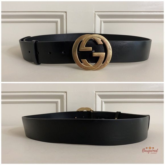 Authentic Gucci Black Calfskin Leather Gold Interlocking G Buckle Belt 90/36 - Picture 5 of 15